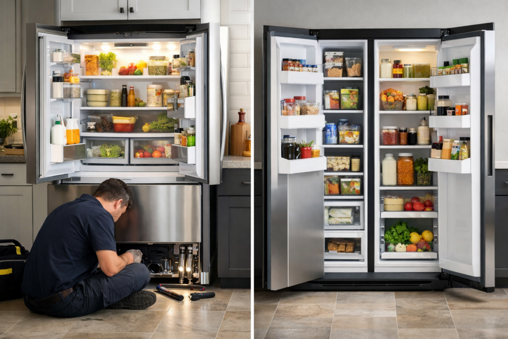 Technician inspecting a modern French door refrigerator in a bright kitchen, focusing on repair and maintenance tasks
