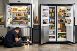 Technician inspecting a modern French door refrigerator in a bright kitchen, focusing on repair and maintenance tasks