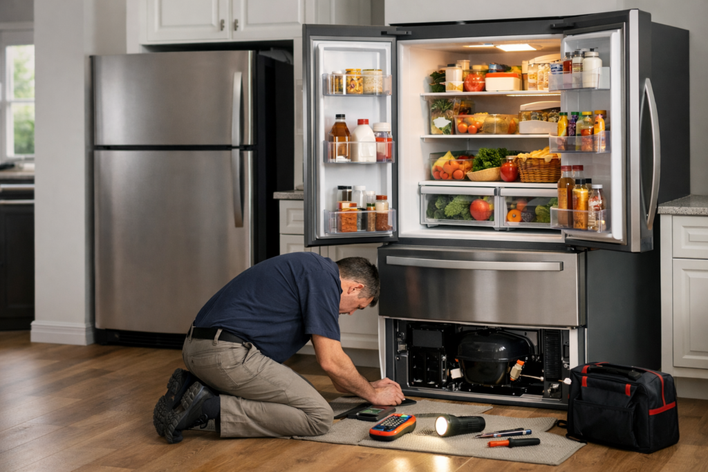 modern kitchen with open French door refrigerator showing organized food storage and a technician inspecting the appliance
