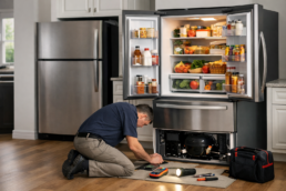 modern kitchen with open French door refrigerator showing organized food storage and a technician inspecting the appliance