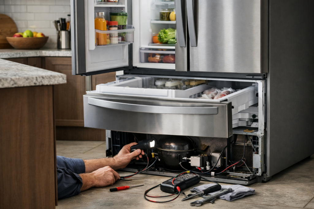 Technician inspecting a modern French door refrigerator in a bright kitchen setting with repair tools nearby