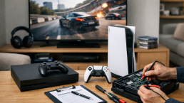 Gaming console on a modern living room table with repair tools and protection plan documents nearby