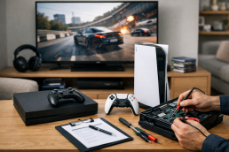 Gaming console on a modern living room table with repair tools and protection plan documents nearby