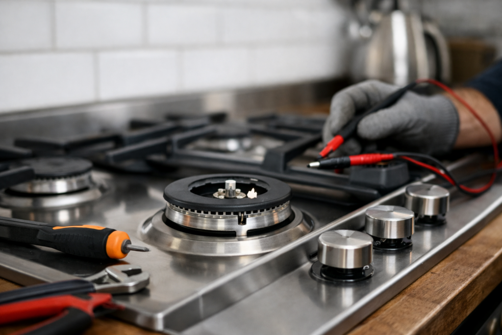 Close-up of a gas range burner with a technician using a multimeter to diagnose ignition issues in a modern kitchen setting
