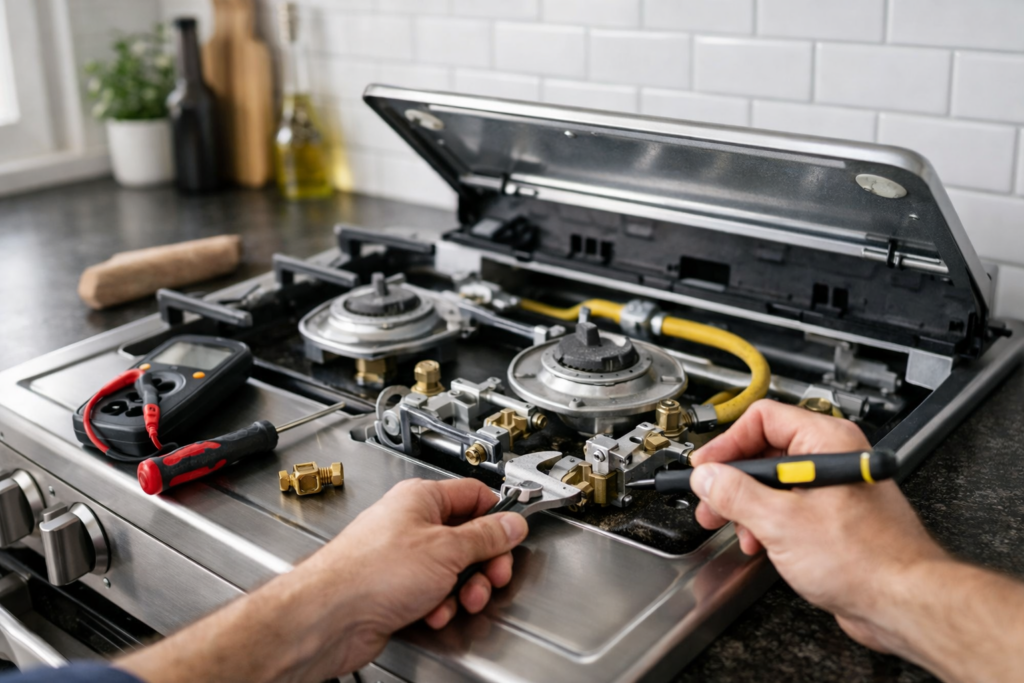 Technician inspecting gas valve on modern gas range in a clean kitchen during appliance repair service