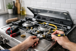 Technician inspecting gas valve on modern gas range in a clean kitchen during appliance repair service