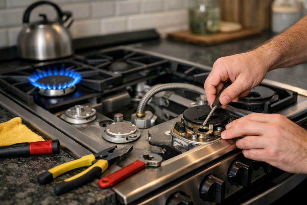 Technician inspecting and maintaining a modern gas range in a clean, well-lit kitchen for safe operation and repair safety