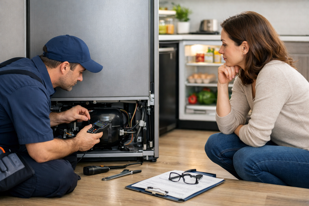 Homeowner discussing refrigerator compressor repair with technician in modern kitchen setting