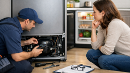Homeowner discussing refrigerator compressor repair with technician in modern kitchen setting