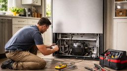 Technician inspecting refrigerator compressor in a modern kitchen repair setting with visible tools and appliance parts