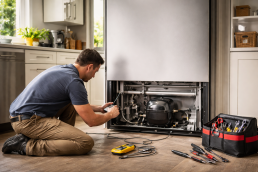 Technician inspecting refrigerator compressor in a modern kitchen repair setting with visible tools and appliance parts