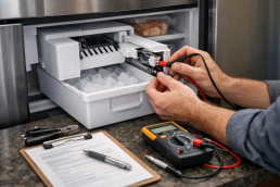 Technician inspecting built-in ice maker inside modern refrigerator in a bright kitchen setting