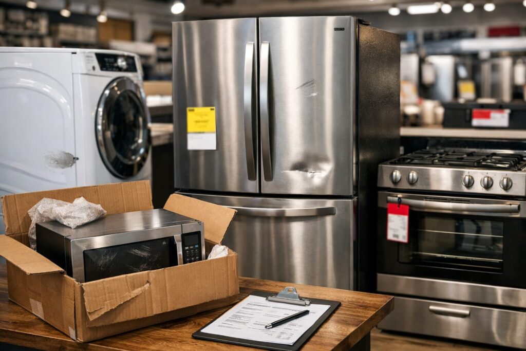 Technician inspecting a scratched refrigerator in a modern kitchen setting with repair tools nearby