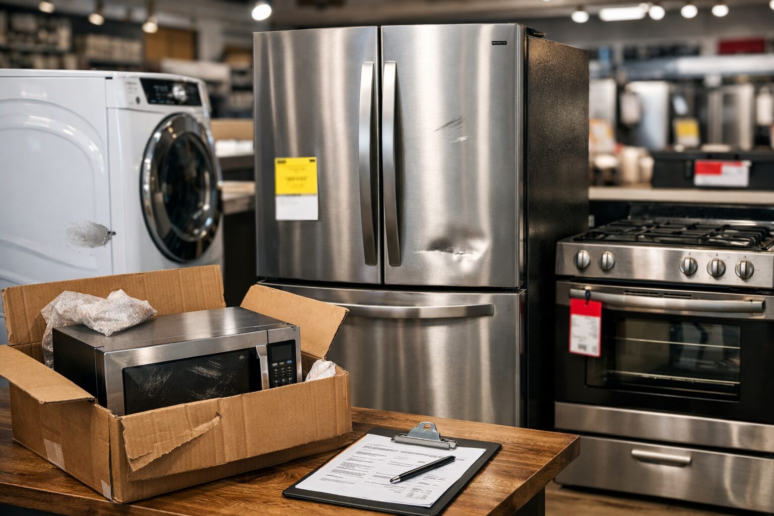 Technician inspecting a scratched refrigerator in a modern kitchen setting with repair tools nearby