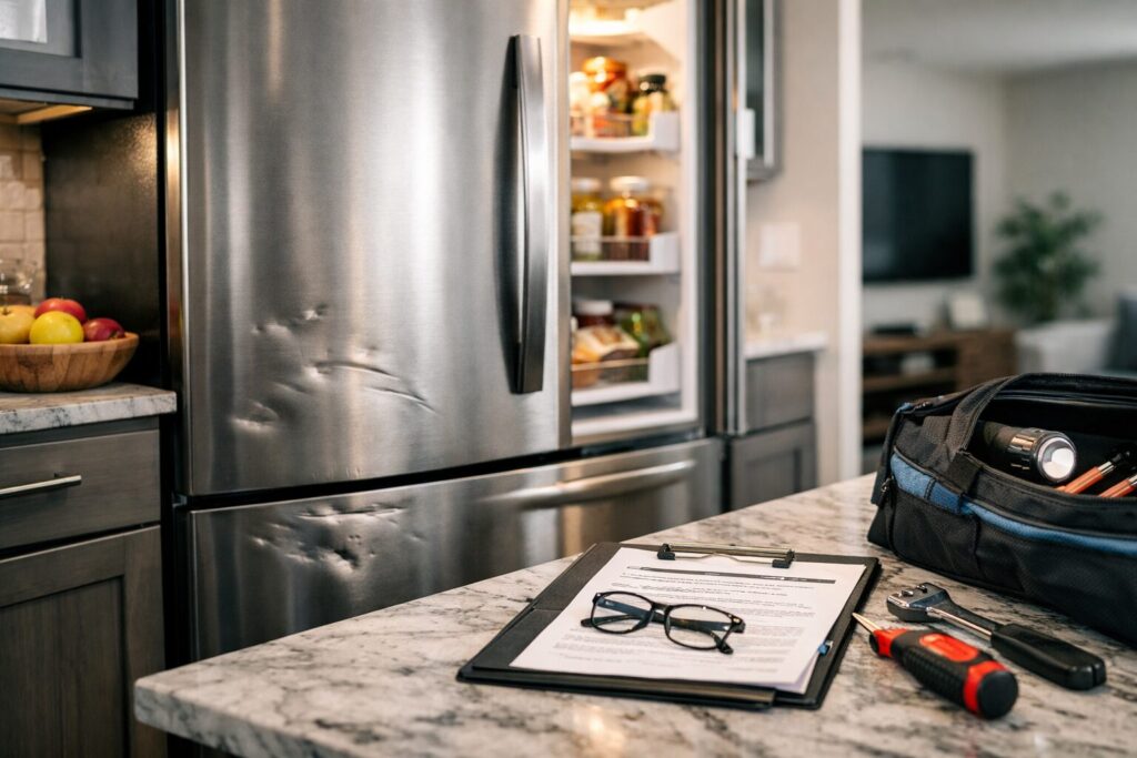 Technician inspecting a scratched refrigerator door in a modern kitchen setting with repair tools nearby