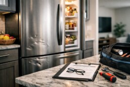 Technician inspecting a scratched refrigerator door in a modern kitchen setting with repair tools nearby