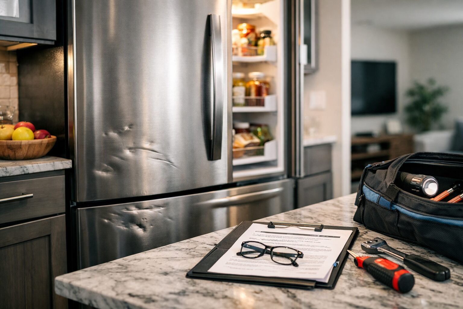 Technician inspecting a scratched refrigerator door in a modern kitchen setting with repair tools nearby