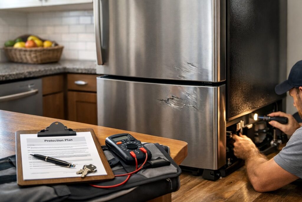Technician inspecting a scratch and dent refrigerator in a modern kitchen setting with repair tools nearby