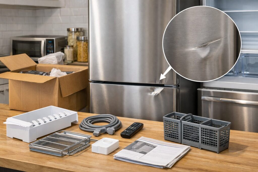 technician inspecting a scratched refrigerator door in a modern kitchen setting with repair tools nearby