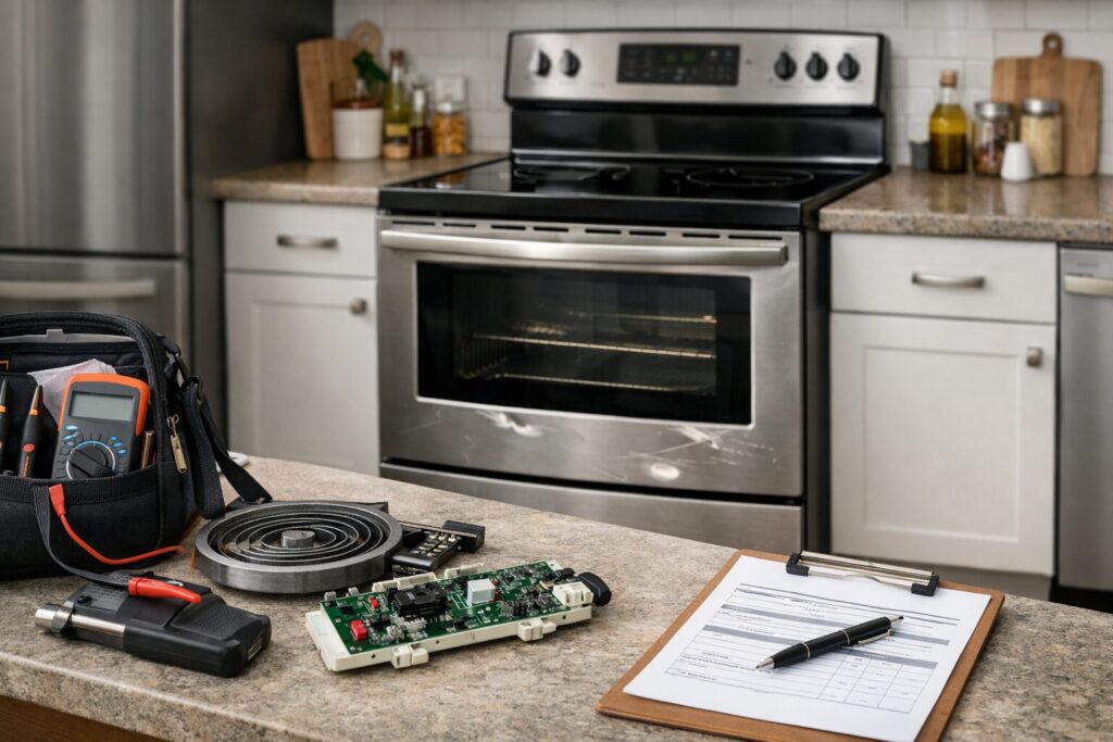 modern kitchen with a scratch and dent electric range and repair tools on the countertop indicating appliance service