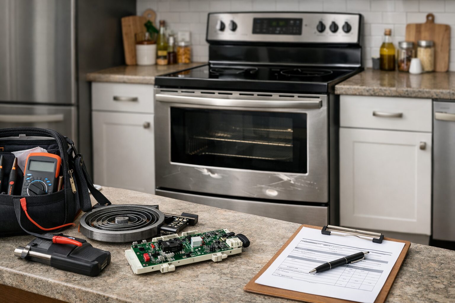 modern kitchen with a scratch and dent electric range and repair tools on the countertop indicating appliance service