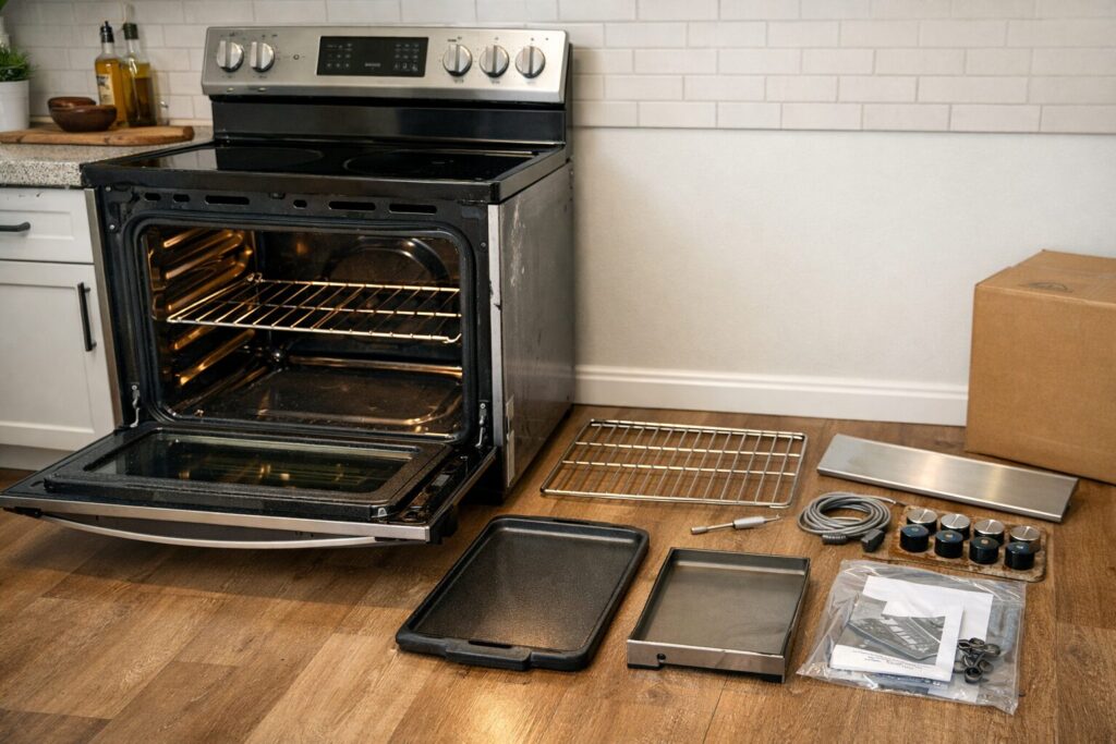 modern kitchen with scratch and dent electric range showing oven racks and accessories for consumer guidance