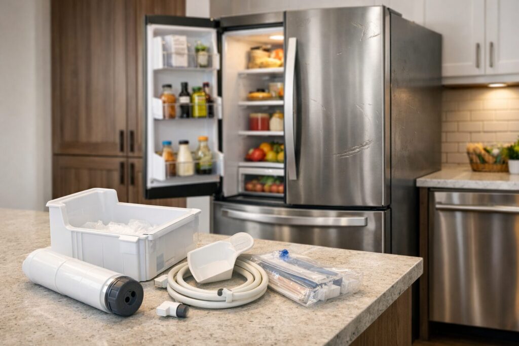 modern kitchen with open scratch and dent French door refrigerator showing water filter compartment and accessories nearby