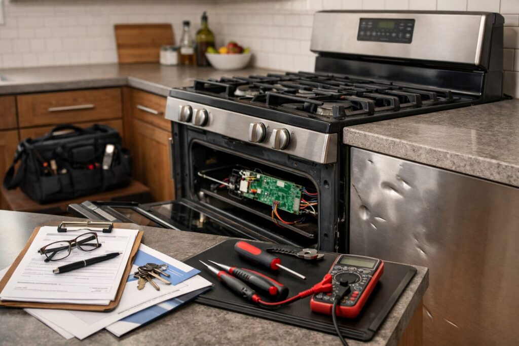 scratch and dent gas range in modern kitchen with repair tools and protection plan paperwork nearby