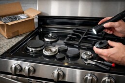 scratch and dent gas range with burner parts and grates displayed in a modern kitchen setting