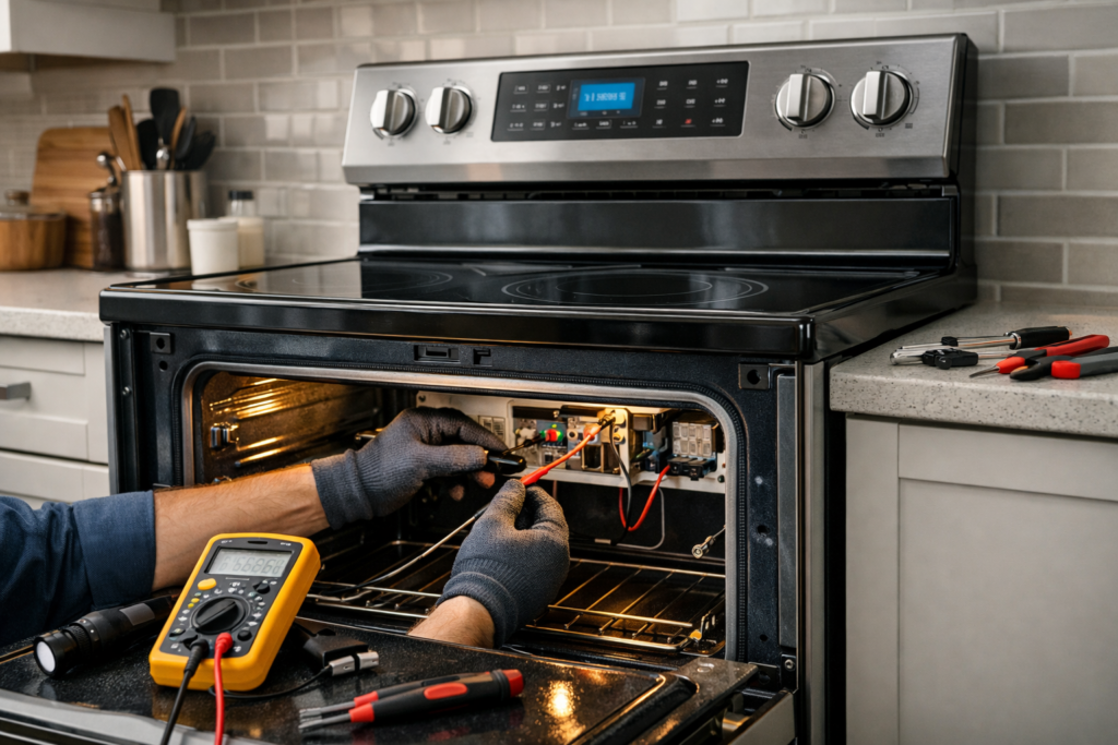Technician inspecting a modern smart electric range in a bright contemporary kitchen during a repair service visit
