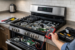Technician inspecting a modern smart gas range in a contemporary kitchen setting with repair tools nearby