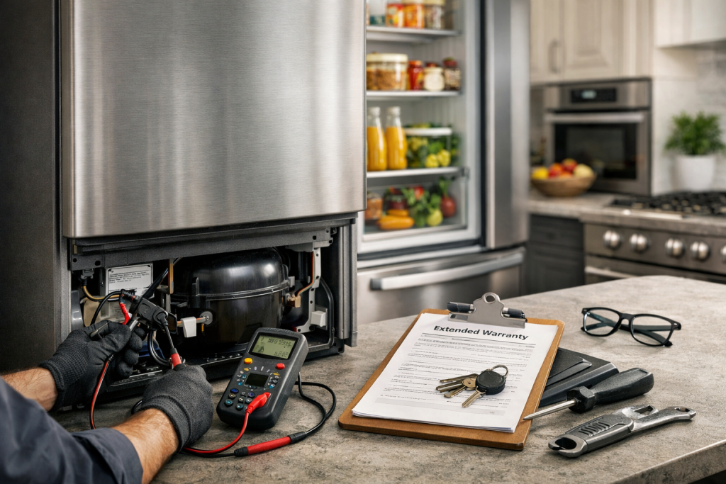 Technician inspecting a modern refrigerator in a bright kitchen with warranty documents on the counter nearby