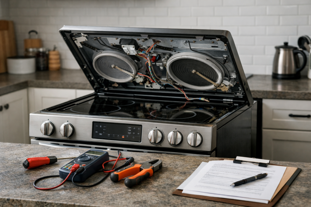 Technician inspecting an electric range in a modern kitchen with warranty documents on the counter nearby