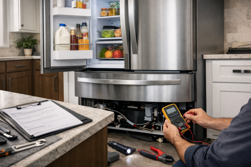 Technician inspecting a French door refrigerator in a modern kitchen with repair tools nearby and warranty documents on