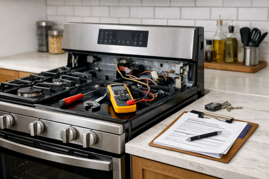 Technician inspecting gas range stove in modern kitchen with repair tools nearby and warranty documents on counter