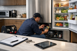 Technician inspecting a modern refrigerator in a bright kitchen during a routine appliance service call