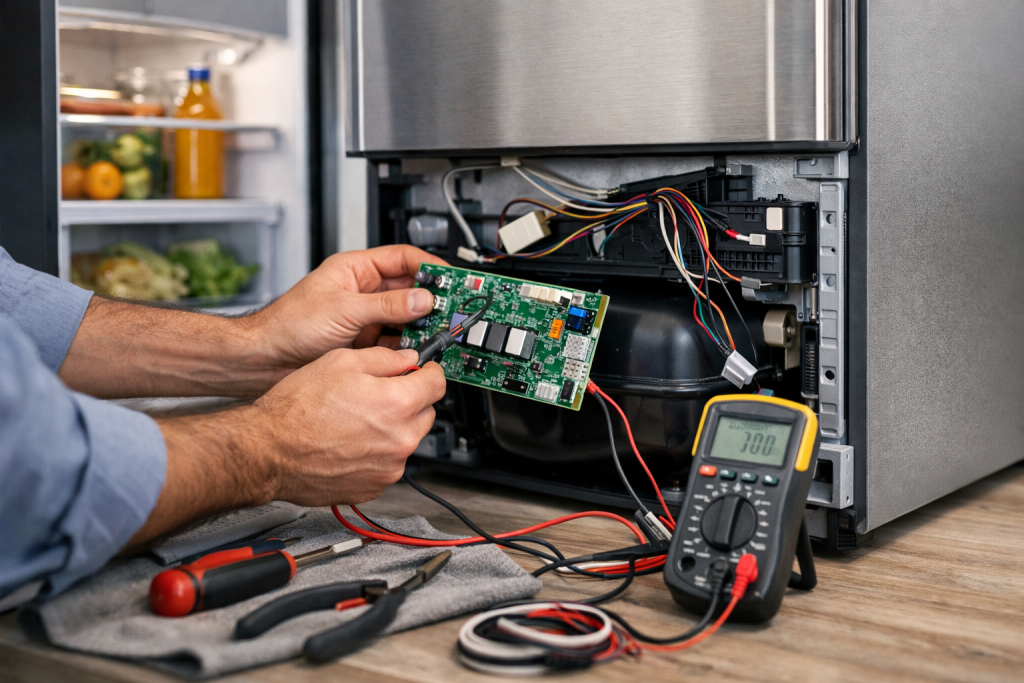 Technician inspecting electronic circuit board inside a modern home appliance in a well-lit kitchen environment