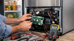 Technician inspecting electronic circuit board inside a modern home appliance in a well-lit kitchen environment