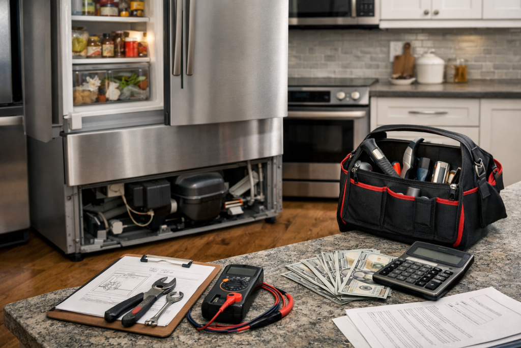 Technician inspecting a modern refrigerator in a bright kitchen, focusing on repair assessment and replacement cost