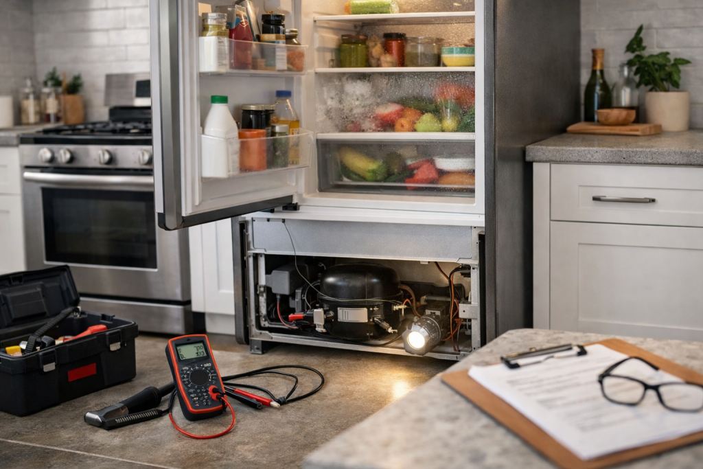 Technician inspecting a modern refrigerator in a bright kitchen, diagnosing common appliance problems after years of use