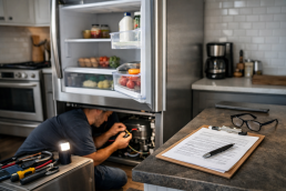 Technician inspecting a modern refrigerator in a bright kitchen, focusing on diagnosing appliance reliability issues