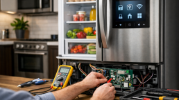 Technician inspecting control panel of a modern smart refrigerator in a bright contemporary kitchen setting