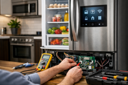 Technician inspecting control panel of a modern smart refrigerator in a bright contemporary kitchen setting
