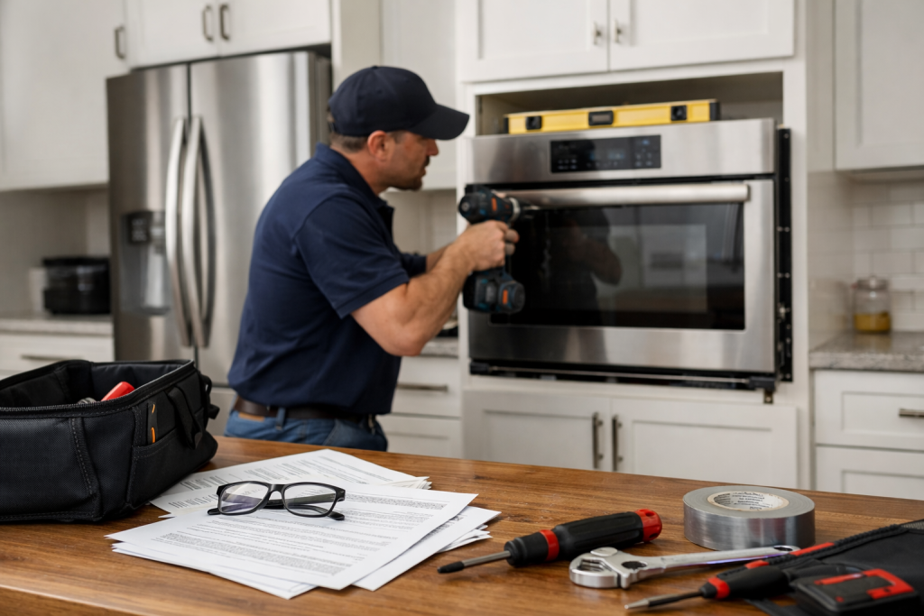 Technician professionally installing a modern kitchen refrigerator in a clean, well-lit home environment