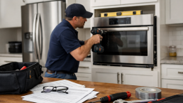 Technician professionally installing a modern kitchen refrigerator in a clean, well-lit home environment