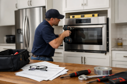 Technician professionally installing a modern kitchen refrigerator in a clean, well-lit home environment