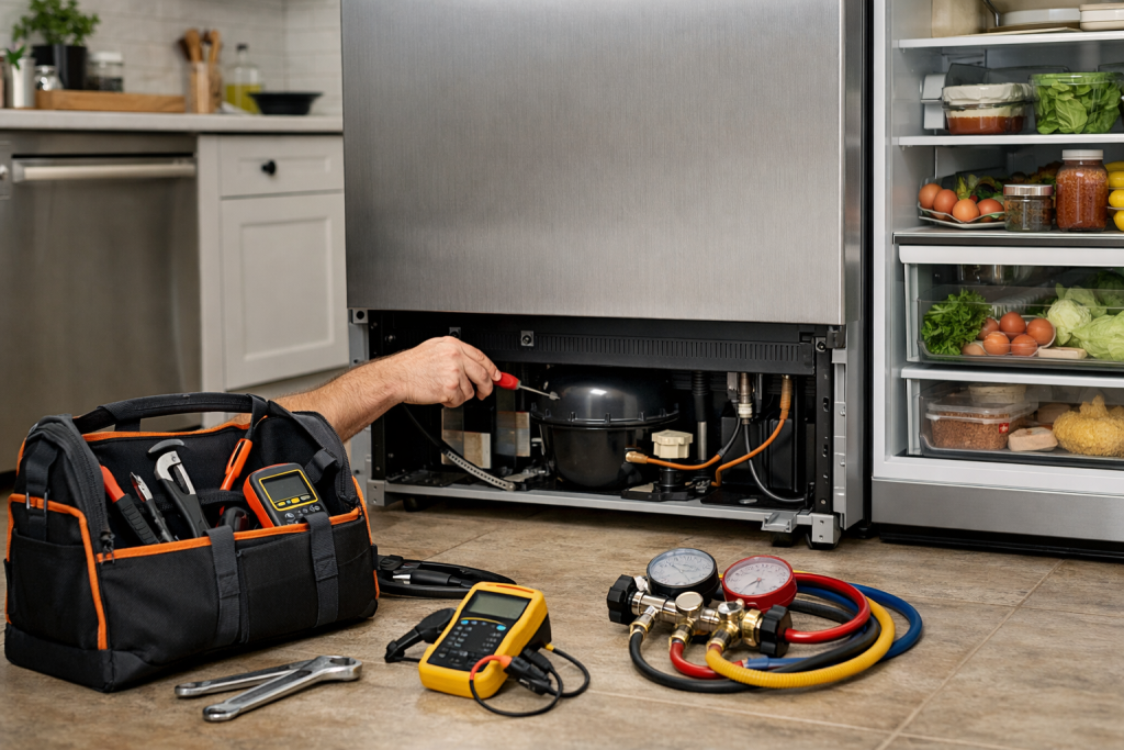 Technician inspecting and performing maintenance on a modern refrigerator in a clean, well-lit kitchen environment