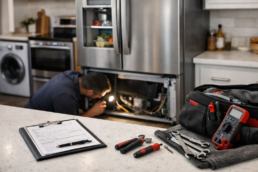 Technician inspecting a modern refrigerator in a bright kitchen during a repair service appointment