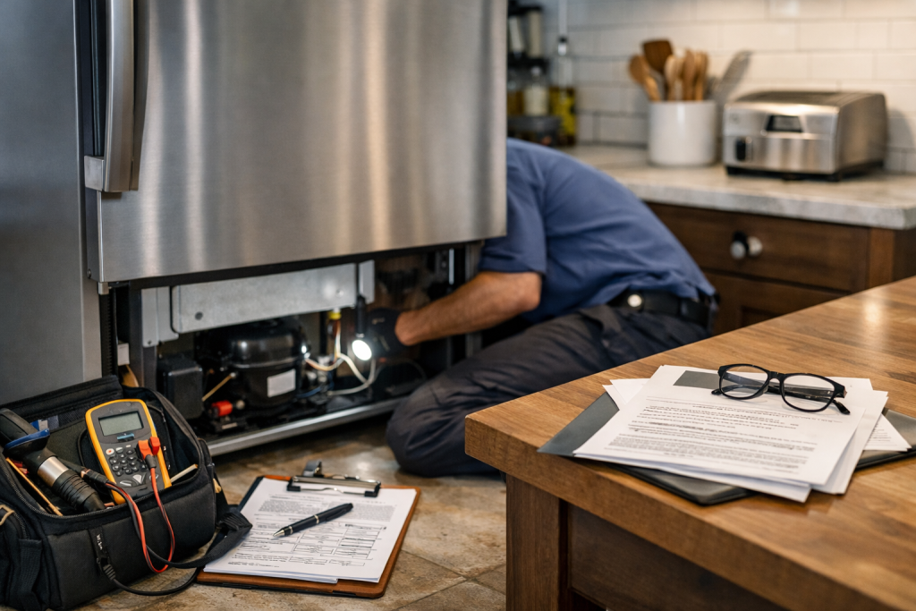 Technician inspecting a modern refrigerator in a bright kitchen with warranty documents and repair tools nearby