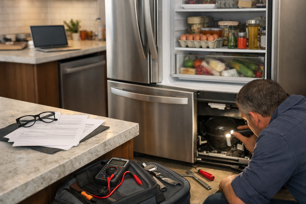 Technician repairing a modern refrigerator in a clean kitchen, focusing on appliance maintenance after warranty period ends